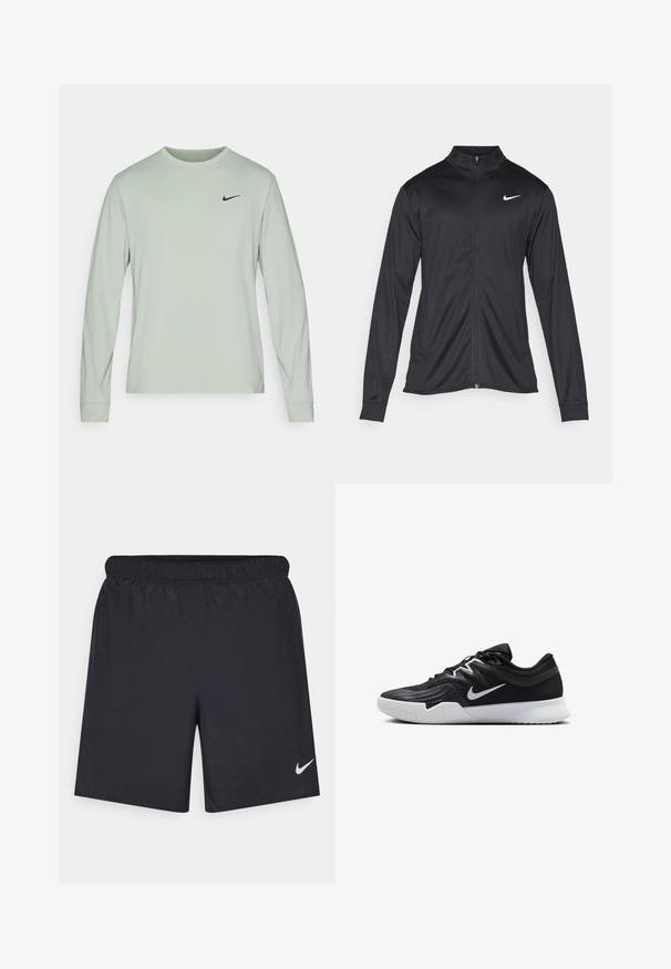 Fekete sportdzseki hosszú ujjal, gallérral és teljes cipzárral. Diszkrét fehér Nike logóval az upper bal mellen. Sima textúra.; Nike Performance DRI-FIT UV HYVERSE - Hosszú ujjú felső - jade horizon/black; Fekete sportnadrág könnyű anyagból, rugalmas derékkal. A bal alsó oldalon egy kis fehér Nike-logó található.; Fekete sportcipő texturált felsőrésszel, fehér Nike logóval és fehér gumitalppal. Fűzős kialakítással és dinamikus formával rendelkezik.