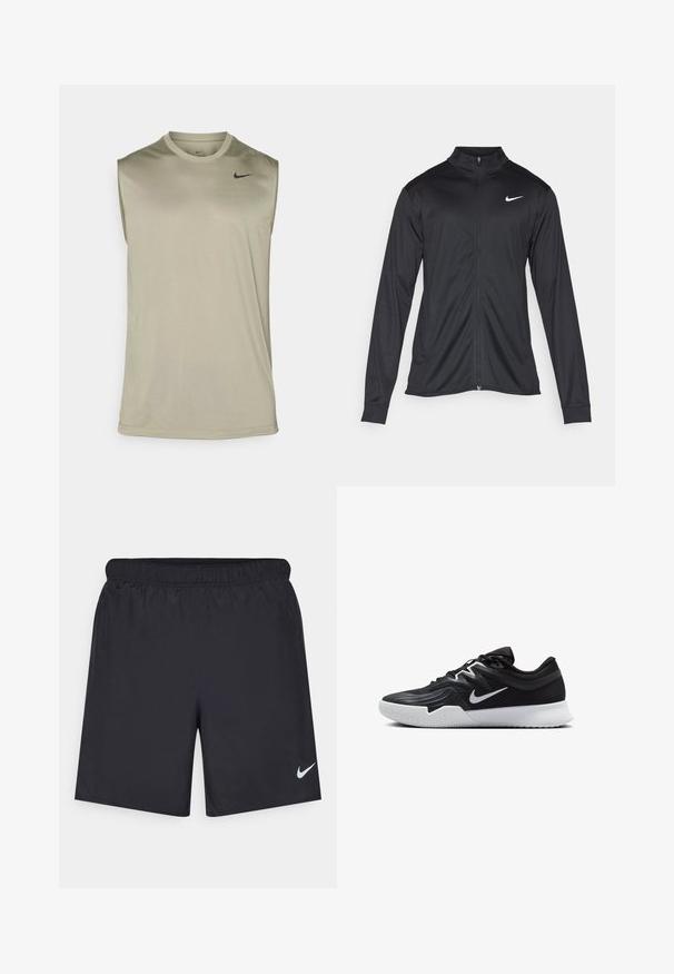 Sort atletisk jakke med lange ærmer, krave og fuld lynlås. Har et diskret Nike-logo i hvidt på den øverste venstre side af brystet. Glat tekstur.; Nike Performance TEE RESET - Top - light army/black; Sorte atletiske shorts lavet af letvægtsmateriale med en elastisk talje. Har et lille hvidt Nike-logo i nederste venstre hjørne.; Sort atletiksko med en tekstureret overdel, hvid Nike swoosh og en hvid gummisål. Har en snørret design og dynamisk form.