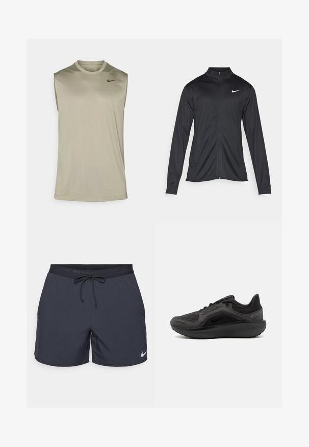 Zwarte sportjack met lange mouwen, kraag en volle rits. Voorzien van een subtiele Nike-logo in het wit op de bovenste linkerborst. Soepele textuur.; Nike Performance TEE RESET - Top - light army/black; Nike hardloopshorts, donkergrijs, elastische tailleband met trekkoord, zijzakken, lichtgewicht stof, met een wit Nike-logo op de onderste zoom.; Zwarte sportieve schoen met een gestructureerde, gewatteerde bovenkant, slank ontwerp en zwarte rubberen zool. Voorzien van een zichtbaar logo en Gore-Tex branding.