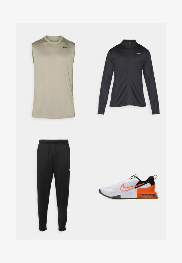 Black athletic jacket with long sleeves, collar, and full zipper. Features a subtle Nike logo in white on the upper left chest. Smooth texture.; Nike Performance TEE RESET - Top - light army/black; Black athletic pants made of smooth fabric, featuring an elastic waistband, tapered legs, and a small white logo on the left side.; White athletic shoe with a textured mesh upper, black and orange accents, a thick rubber sole, and a clear air cushion section at the heel.