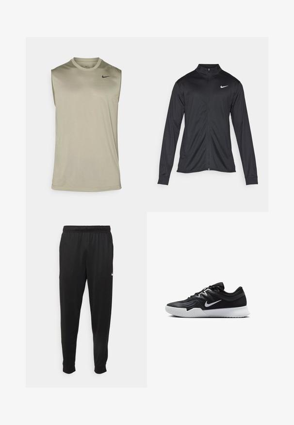 Black athletic jacket with long sleeves, collar, and full zipper. Features a subtle Nike logo in white on the upper left chest. Smooth texture.; Nike Performance TEE RESET - Top - light army/black; Black athletic pants made of smooth fabric, featuring an elastic waistband, tapered legs, and a small white logo on the left side.; Black athletic shoe with a textured upper, white Nike swoosh, and a white rubber outsole. Features a lace-up design and dynamic shape.