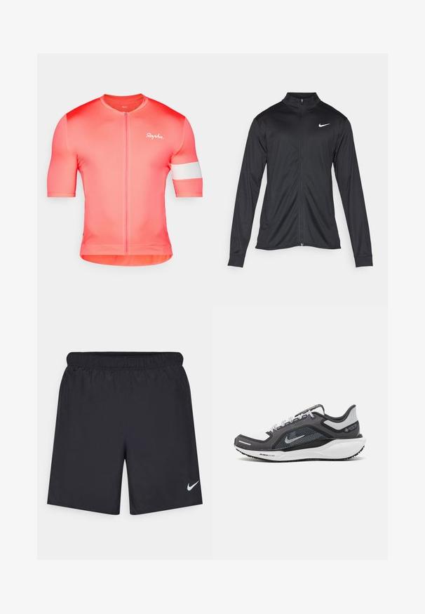 Juodas sportinis švarkas su ilgomis rankovėmis, apykakle ir pilnu užtrauktuku. Yra subtilus baltas Nike logotipas kairėje krūtinės pusėje. Lygus tekstūra.; Trumpa rankovėmis dviratininko marškinėliai, pagaminti iš gradientinio koralinio audinio, su priekiu užtrauktuku ir balta juosta viršutinėje rankovėje, pažymėti „Rapha“. ; Juodos sportinės šortai, pagaminti iš lengvos medžiagos, su elastingu juosmeniu. Ant apatinės kairės pusės yra mažas baltas Nike logotipas.; Juodas ir pilkas sportinis batelis su tinkleliu viršuje, atspindinčiais akcentais ir balta vidurinė dalimi. Yra tekstūruota guminė išorinė pada ir raišteliai.