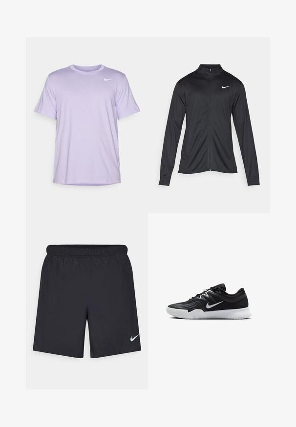 Černá sportovní bunda s dlouhými rukávy, límcem a plným zipem. Má decentní bílou logo značky Nike na horní levé části hrudi. Hladká textura.; Fialové tričko s krátkým rukávem vyrobené z měkké látky. Má kulatý výstřih a malé bílé logo Nike na hrudi. Jednoduchý design.; Černé sportovní šortky vyrobené z lehkého materiálu s elastickým pasem. Na spodní levé straně mají malé bílé logo Nike.; Černá atletická bota s texturovaným svrškem, bílým logem Nike a bílou gumovou podrážkou. Disponuje šněrovacím designem a dynamickým tvarem.