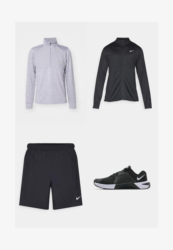 Fekete sportdzseki hosszú ujjal, gallérral és teljes cipzárral. Diszkrét fehér Nike logóval az upper bal mellen. Sima textúra.; Szürke pulóver félig cipzáras gallérral, texturált testtel és sima felső panelekkel. Hosszú ujjak ribbelt mandzsettával és logó részlettel.; Fekete sportnadrág könnyű anyagból, rugalmas derékkal. A bal alsó oldalon egy kis fehér Nike-logó található.; Nike Performance METCON 10 - Edzőcipő - black/white/anthracite