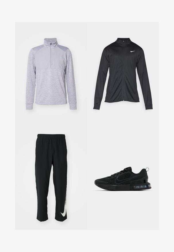 Chaqueta atlética negra con mangas largas, collar y cremallera completa. Presenta un sutil logo de Nike en blanco en la parte superior izquierda del pecho. Textura suave.; Suéter gris con cuello de media cremallera, que presenta un cuerpo texturizado y paneles superiores suaves. Mangas largas con puños acanalados y detalle del logo.; Pantalones deportivos negros con cinturilla elástica, diseño cónico, que presentan un gran logo blanco de Nike en la pierna izquierda. Tejido suave y ligero.; Zapatilla deportiva negra de Nike con parte superior de malla, suela de goma, cuello acolchado y un distintivo acento transparente en el talón.