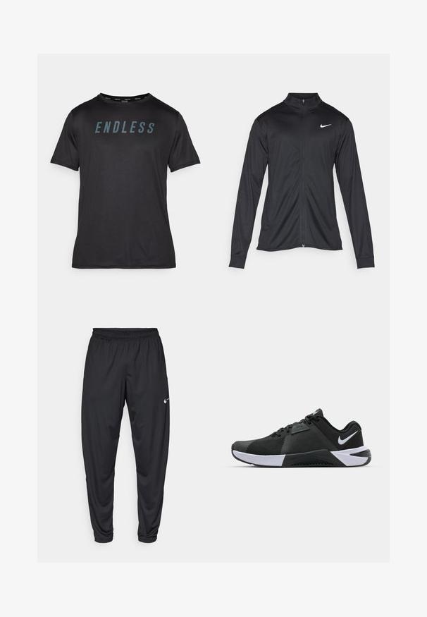 Must värvi sportlik jakk pikkade varrukatega, krae ja täispikk tõmblukk. Ülemises vasakus rinnas on diskreetne valge Nike logo. Sile tekstuur.; Endless ACE - Spordi T-särk - black; Mustad sportpüksid elastse vöökoha, kitsenevate jalgade ja väikese valge Nike logo'ga vasakul reitel. Sile kangas, ilma mustriteta.; Nike Performance METCON 10 - Treeningjalatsid - black/white/anthracite