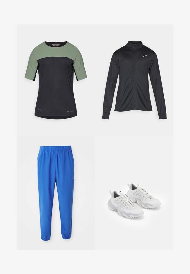 Melna sporta jaka ar garām piedurknēm, apkakli un pilnu rāvējslēdzēju. Uz kreisā krūts augšdaļas ir maigs Nike logo baltā krāsā. Gluda tekstūra.; Īsām piedurknēm apģērbs ar zaļo augšējo daļu un tumši zilo apakšējo daļu. Izgatavots no teksturēta auduma, ar mazu logo un pārstrādāta materiāla etiķeti.; Zili zili svārki ar elastīgu jostasvietu, taisnas kāju dizainu un sašaurinātām piedurknēm. Ar Nike zīmolu zeltā kreisajā pusē.; Baltas sporta apģērbs ar sietu augšdaļu, pelēkiem akcentiem, teksturētu gumijas zoli un vilkšanas cilpiņām uz papēža; iekļauj necaurlaidīgu dizainu.