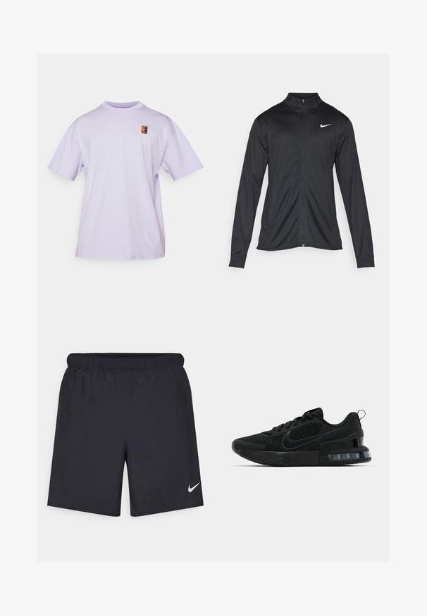 Čierna športová bunda s dlhými rukávmi, golierom a plným zipsom. Obsahuje nenápadné logo Nike v bielej farbe na hornej ľavej hrudi. Hladká textúra.; Nike Performance NIKECOURT TEE - Základné tričko - hydrangeas; Čierne atletické šortky z ľahkého materiálu s elastickým pásom. Na dolnej ľavej strane majú malé biele logo Nike.; Čierna atletická obuv Nike so sieťovinovým zvrškom, gumovou podrážkou, polstrovaným golierom a výrazným priehľadným akcentom na podpätku.