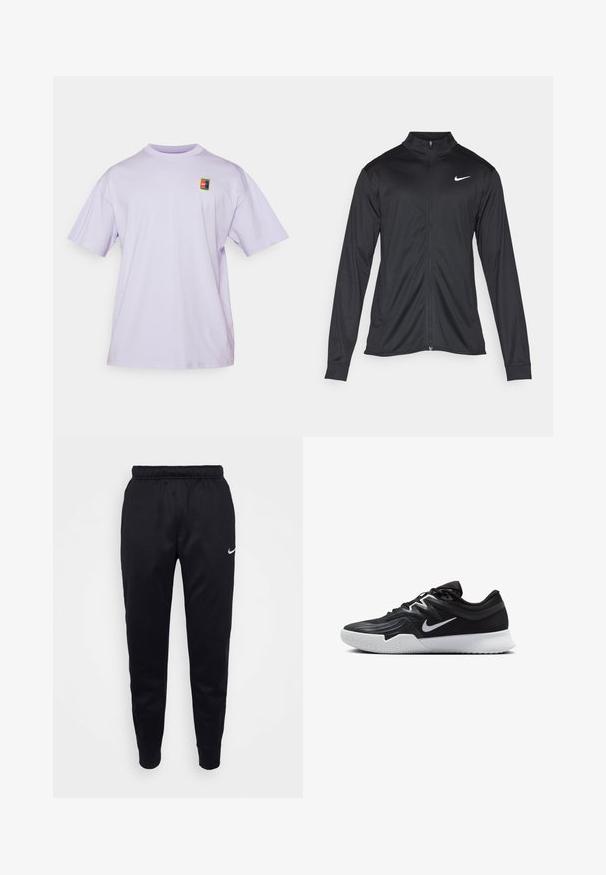 Sort atletisk jakke med lange ærmer, krave og fuld lynlås. Har et diskret Nike-logo i hvidt på den øverste venstre side af brystet. Glat tekstur.; Nike Performance NIKECOURT TEE - T-shirts basic - hydrangeas; Sorte Nike joggers med elastisk talje, tapered ben og en diskret logo-accent. Fremstillet af glat stof med et enkelt design.; Sort atletiksko med en tekstureret overdel, hvid Nike swoosh og en hvid gummisål. Har en snørret design og dynamisk form.
