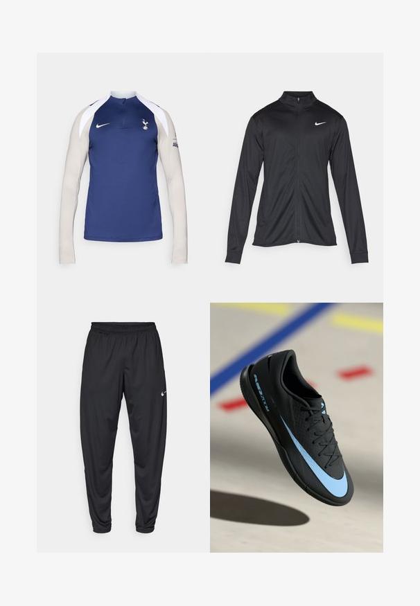 Fekete sportdzseki hosszú ujjal, gallérral és teljes cipzárral. Diszkrét fehér Nike logóval az upper bal mellen. Sima textúra.; Nike hosszúujjú edzőpóló, sötétkék testtel, világosbézs ujjal, félig cipzáros gallérral és Spurs logóval a mellkason.; Fekete sportnadrág elasztikus derékpánttal, szűkülő lábakkal és egy kisebb fehér Nike logóval a bal combon. Sima anyag, nincs mintázat.; Fekete sportcipő kék akcentusokkal, textúrált felülettel, fűzős kialakítással és jellegzetes Nike logóval. Gumitalp, amely grip mintázattal rendelkezik.