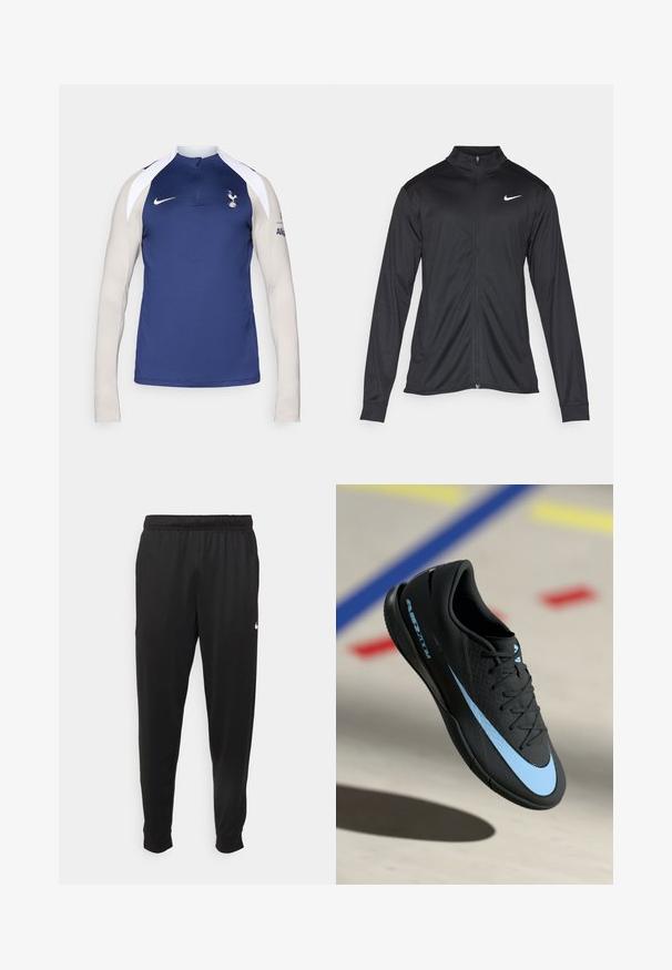 Must värvi sportlik jakk pikkade varrukatega, krae ja täispikk tõmblukk. Ülemises vasakus rinnas on diskreetne valge Nike logo. Sile tekstuur.; Nike pikad varrukad treeningülikond, millel on tumesinine keha, helebeezid varrukad, poolsiibirinnus ja Spursi logo rinnal.; Mustad mustekad athletic-püksid sujuvast kangast, elastse vöökoha, kitsenevate jalgade ja väikese valge logoga vasakul küljel.; Mustad mustus spordijalats siniste detailidega, tekstureeritud pind, lipsudega disain ja eristuv Nike logo. Kummist talla, millel on haardemustrid.