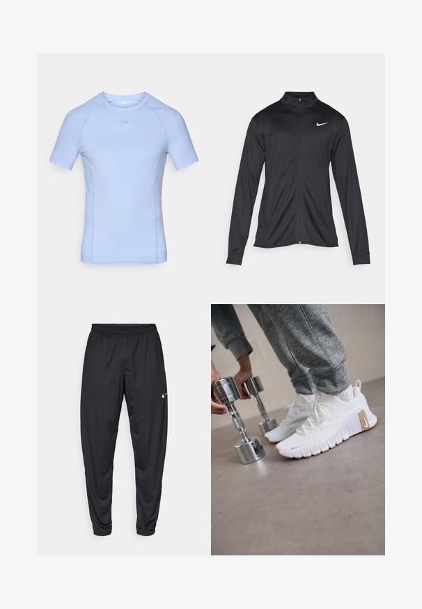 Svart idrettsjakke med lange ermer, krage og full glidelås. Har en subtil Nike-logo i hvitt på øvre venstre bryst. Glatt tekstur.; Lys blå sports T-skjorte med korte ermer, jevn tekstur, pustende mesh-sidestykker og rund hals. Har logo på fronten.; Svarte treningbukser med elastisk midje, avsmalnende ben og en liten hvit Nike-logo på venstre lår. Glatt stoff, ingen mønstre.; Hvite joggesko med teksturert overdel, flat gummisåle og lysebrune detaljer. Sølvmanualer i forgrunnen. Grå joggebukser synlige.