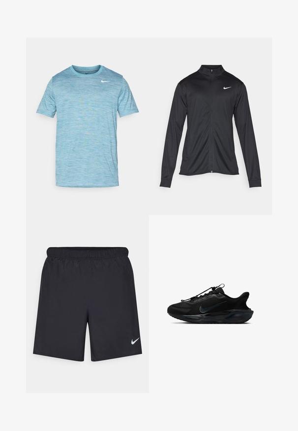 Svart idrettsjakke med lange ermer, krage og full glidelås. Har en subtil Nike-logo i hvitt på øvre venstre bryst. Glatt tekstur.; Lyseblå kortermet T-skjorte laget av et strukturert, lett stoff. Har rund hals og en liten hvit logo på brystet.; Svart sportskjørt laget av lett materiale med elastisk linning. Har en liten hvit Nike-logo nederst til venstre.; Sorte joggesko med strukturert mesh-overdel, glatte detaljer og et distinkt Nike-logo. Har en polstret såle og elastiske snørebånd.