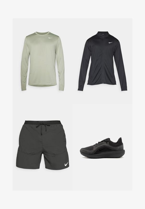 Black athletic jacket with long sleeves, collar, and full zipper. Features a subtle Nike logo in white on the upper left chest. Smooth texture.; Nike Performance TEE RESET - Long sleeved top - jade horizon/white; Black running shorts with an elastic waistband, drawstring, side pockets, and a white Nike logo on the lower left leg.; Black athletic shoe with a textured quilted upper, sleek design, and black rubber sole. Features a visible logo and Gore-Tex branding.