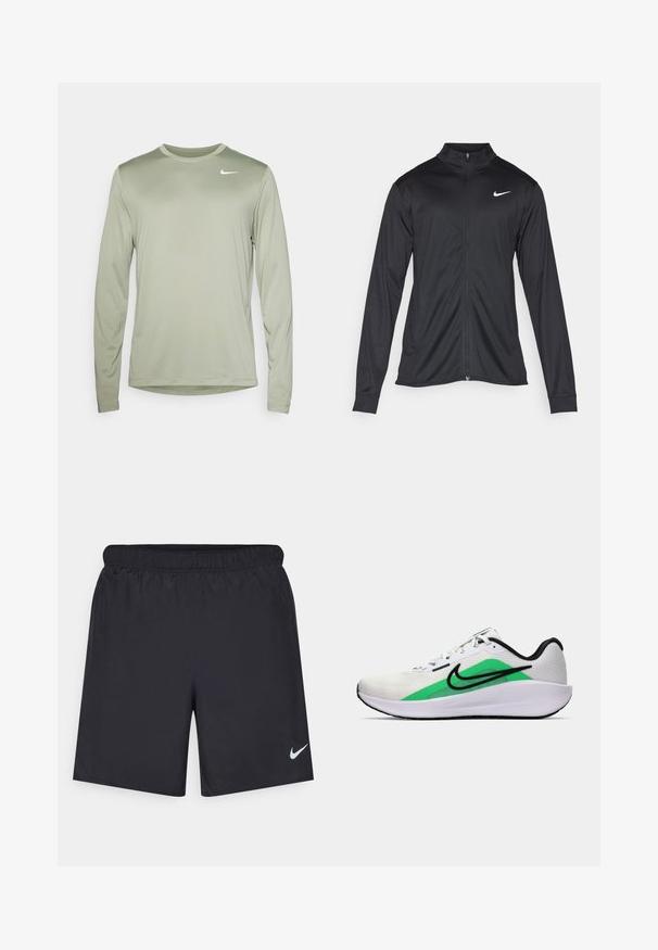 Jachetă sportivă neagră cu mâneci lungi, guler și fermoar complet. Prezintă un logo Nike subtil, alb, pe pieptul din stânga sus. Textură netedă.; Nike Performance TEE RESET - Bluză cu mânecă lungă - jade horizon/white; Pantaloni scurți atletici negri, fabricați dintr-un material ușor, cu un talie elastică. Au un mic logo alb Nike în partea stângă jos.; Pantof la sport alb cu un accent verde, logo negru, partea superioară din plasă, talpă căptușită și toc rotunjit. Dispune de șireturi și detalii în contrast.