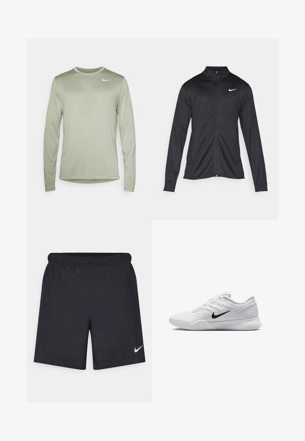 Musta urheilutakki pitkillä hihoilla, kauluksella ja kokonaisella vetoketjulla. Täydentää hienovarainen Nike-logo valkoisena vasemmassa ylärinnassa. Litteä pinta.; Nike Performance TEE RESET - Pitkähihainen paita - jade horizon/white; Mustat urheilushortsit, jotka on valmistettu kevyestä materiaalista ja joissa on joustava vyötärö. Alareunassa vasemmalla puolella on pieni valkoinen Nike-logo.; Valkoinen urheiluvaate, jossa on teksturoidusta verkkomateriaalista valmistettu yläosa, musta Nike-logomerkintä, pehmustettu nilkkakappale ja kumipohja, jossa on urasyntymä.