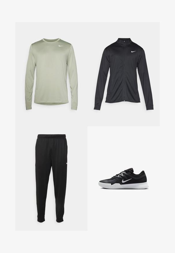 Musta urheilutakki pitkillä hihoilla, kauluksella ja kokonaisella vetoketjulla. Täydentää hienovarainen Nike-logo valkoisena vasemmassa ylärinnassa. Litteä pinta.; Nike Performance TEE RESET - Pitkähihainen paita - jade horizon/white; Mustat urheiluhousut, jotka on valmistettu sileästä kankaasta. Niissä on joustava vyötärö, kapenevat lahkeet ja pieni valkoinen logo vasemmalla puolella.; Musta urheilukenkä, jossa on teksturoitu päällinen, valkoinen Nike-tikkaus ja valkoinen kumipohja. Kenkässä on nauhakuji ja dynaaminen muoto.