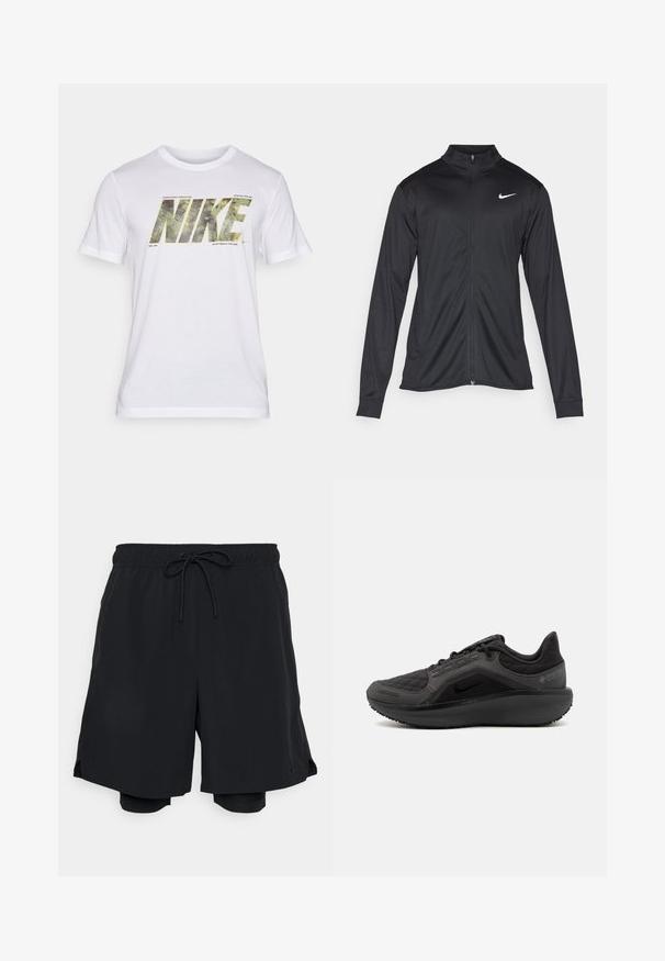 Chaqueta atlética negra con mangas largas, collar y cremallera completa. Presenta un sutil logo de Nike en blanco en la parte superior izquierda del pecho. Textura suave.; Nike Performance TEE CAMO - Camiseta deportiva - white; Pantalones cortos deportivos negros hechos de una tela ligera, con una cinturilla elástica y cordón ajustable, y un short interior ajustado.; Zapatilla deportiva negra con una parte superior acolchada texturizada, diseño elegante y suela de goma negra. Presenta un logo visible y la marca Gore-Tex.