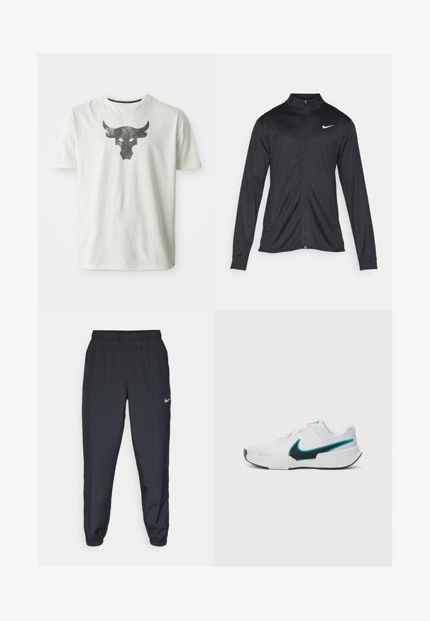 Jacket desportivo preto com mangas longas, colarinho e fecho zip completo. Apresenta um discreto logotipo da Nike em branco na parte superior do lado esquerdo do peito. Textura suave.; T-shirt branca de algodão com um gráfico metálico de um crânio de touro preto centrado na parte frontal. Mangas curtas e decote redondo.; Calças de treino pretas feitas de um tecido leve, com um cós elástico, punhos nos tornozelos e um discreto logótipo da Nike no lado esquerdo.; Tênis atlético branco com parte superior em malha texturizada, solado de borracha preta e detalhe em swoosh Nike teal. Apresenta cadarços e colarinho acolchoado.