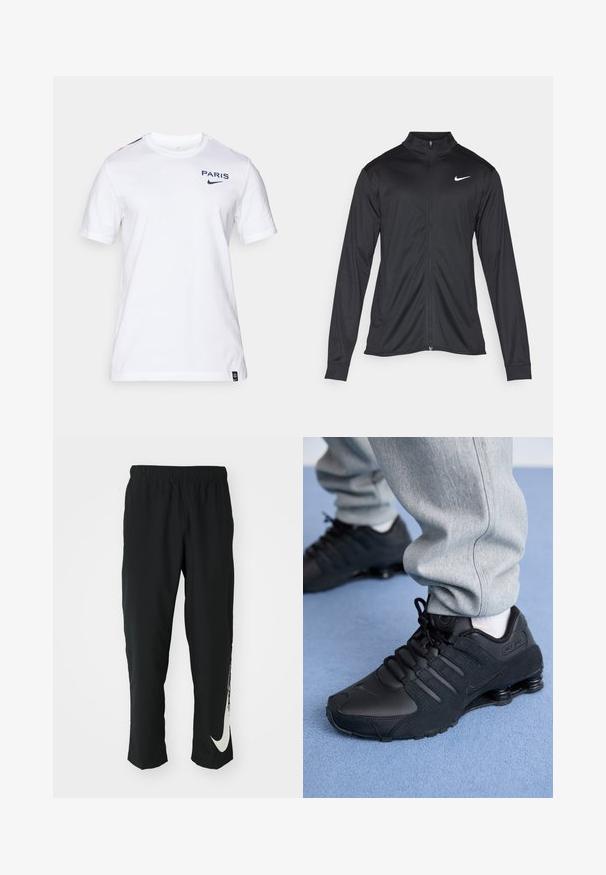 Giacca sportiva nera con maniche lunghe, colletto e zip completa. Presenta un logo Nike in bianco sulla parte superiore del lato sinistro del petto. Tessuto morbido.; T-shirt bianco in cotone a maniche corte, con la scritta "PARIS" e il logo Nike in blu navy sul petto. Dettagli rossi sulle spalle.; Pantaloni sportivi neri con cintura elasticizzata, design affusolato, caratterizzati da un grande logo Nike bianco sulla gamba sinistra. Tessuto morbido e leggero.; Persona che indossa sneakers Nike Shox nere e pantaloni sportivi grigi, in piedi su un tappeto azzurro chiaro.
