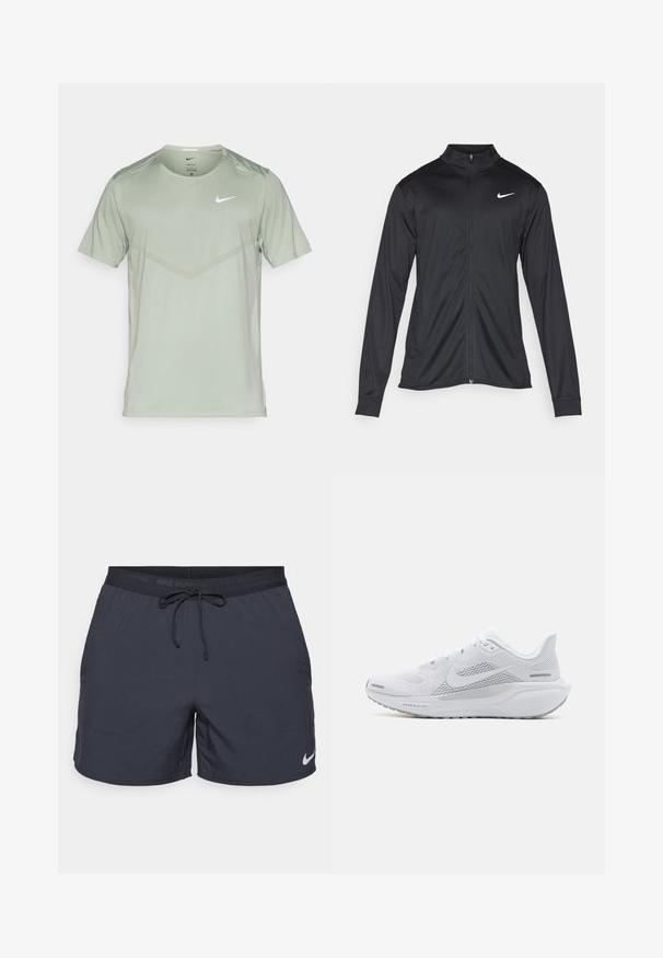 Must värvi sportlik jakk pikkade varrukatega, krae ja täispikk tõmblukk. Ülemises vasakus rinnas on diskreetne valge Nike logo. Sile tekstuur.; Nike Performance RISE - Spordi T-särk - jade horizon/reflective silver; Nike jooksutrikoosid, tumhalli värvi, elastne vöökoht koos kärguga, küljetaskud, kerge kangas, mille alumisel serval on valge Nike logo.; Valge sportlik king, millel on võrgust pealne osa, sujuva tekstuuriga kattekiht, hallid aktsendid, sidemed ja pehmendatud tald, mis on mõeldud sooritusvõime jaoks.
