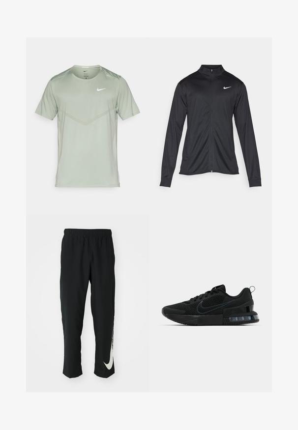 Črna atletska jakna z dolgimi rokavi, ovratnikom in polnim zadrgo. Vključuje diskreten bel Nike logotip na zgornjem levem delu prsnega koša. Gladka tekstura.; Nike Performance RISE - Športne majice - jade horizon/reflective silver; Črne športne hlače z elastičnim pasom, zoženim dizajnom, s velikim belim logotipom Nike na levem hlačnici. Mehka, lahka tkanina.; Črne atletske tenisice Nike z mrežno zgornjico, gumijastim podplatom, oblazinjenim ovratnikom in značilnim prozornim poudarkom na peti.