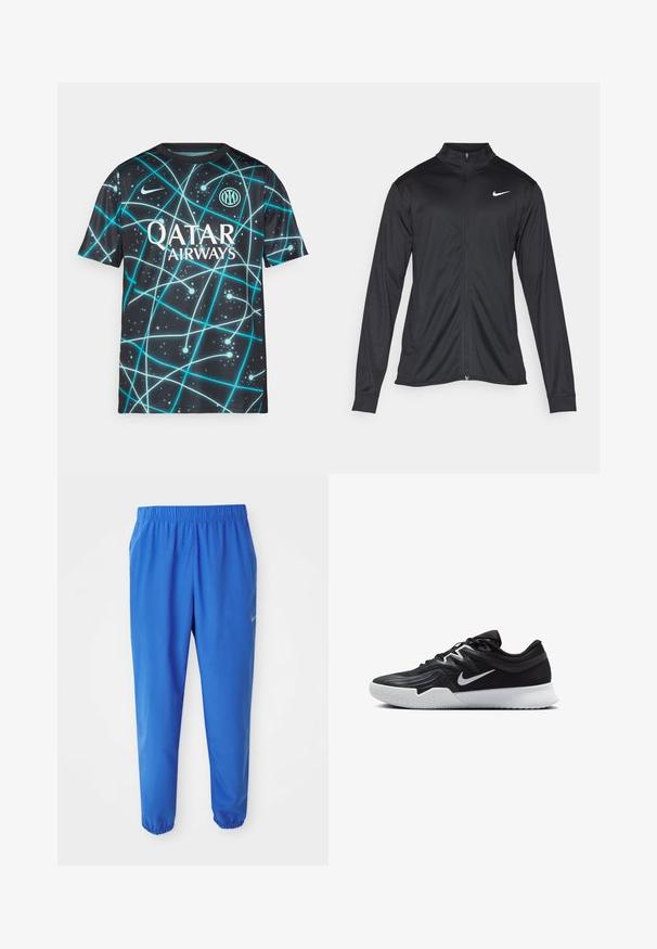Čierna športová bunda s dlhými rukávmi, golierom a plným zipsom. Obsahuje nenápadné logo Nike v bielej farbe na hornej ľavej hrudi. Hladká textúra.; Čierny športový dres s modrým abstraktným vzorom. Má okrúhly výstrih a krátke rukávy. Obsahuje logo "Qatar Airways" a okrúlu emblému.; Modré športové nohavice s elastickým pásom, priame nohy s užšími manžetami. Na ľavej strane je zlaté logo Nike.; Čierna športová topánka s textúrovaným zvrškom, bielym logom Nike a bielou gumovou podrážkou. Má šnurovací dizajn a dynamický tvar.