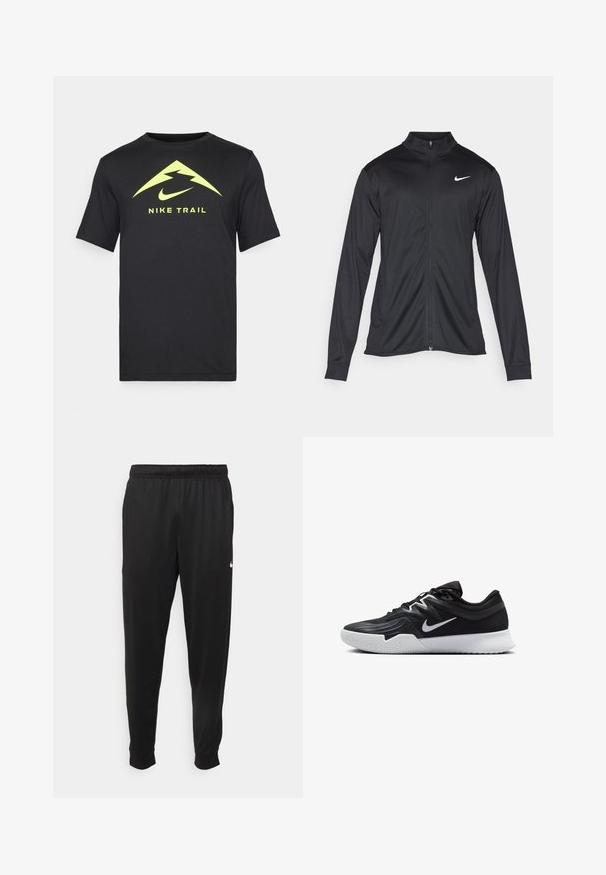 Svart idrettsjakke med lange ermer, krage og full glidelås. Har en subtil Nike-logo i hvitt på øvre venstre bryst. Glatt tekstur.; Svart t-skjorte med kort erme og gult Nike-logo og trekantet design. Laget av stoff med en glatt tekstur. Casual passform for komfort.; Svarte treningsbukser laget av glatt stoff, med elastisk midje, smale ben og en liten hvit logo på venstre side.; Svart treningssko med teksturert overdel, hvit Nike-swoosh og hvit gummisåle. Har snøring og en dynamisk form.
