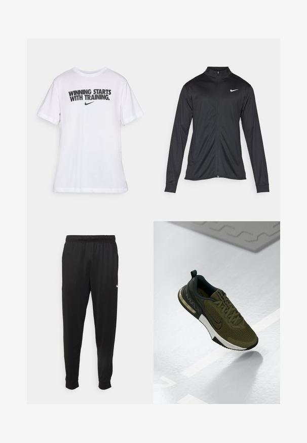 Must värvi sportlik jakk pikkade varrukatega, krae ja täispikk tõmblukk. Ülemises vasakus rinnas on diskreetne valge Nike logo. Sile tekstuur.; Valge puuvillane T-särk, millel on must tekst "VÕITMA HAKKAB TREENINGUST." ja väikene Nike logo all. Ümmargune kaelus ja lühikesed varrukad.; Mustad mustekad athletic-püksid sujuvast kangast, elastse vöökoha, kitsenevate jalgade ja väikese valge logoga vasakul küljel.; Olive roheline treeningjalanõud, millel on võrgust pealne, mustad aktsendid ja valge laiguline vahekeha. Omab ümarat varvast ja kanna pehmendust.