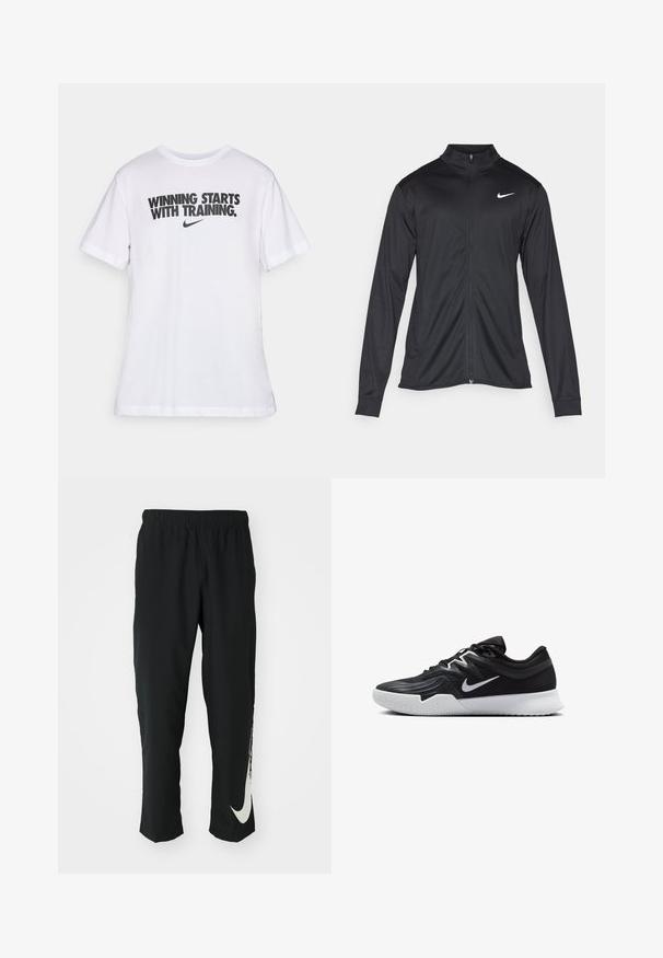 Svart idrottsjacka med långa ärmar, krage och full dragkedja. Har en diskret Nike-logga i vitt på övre vänstra bröstet. Slät yta.; Vit bomull T-shirt med svart text "VINST BÖRJAR MED TRÄNING." och en liten Nike-logotyp nedanför. Rund hals och korta ärmar.; Svarta träningsbyxor med elastisk midja, avsmalnande design, med en stor vit Nike-logotyp på vänster ben. Mjuk, lättviktig tyg.; Svarta träningsskor med en texturerad ovandel, vit Nike-logga och en vit gummisula. Har snörningsdesign och en dynamisk form.