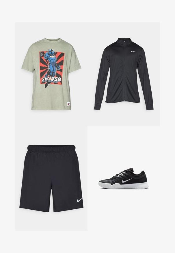 Čierna športová bunda s dlhými rukávmi, golierom a plným zipsom. Obsahuje nenápadné logo Nike v bielej farbe na hornej ľavej hrudi. Hladká textúra.; Zelené bavlnené tričko s modrou grafikou superhrdinu a textom "SWOOSH" na pozadí červenej a čiernej explózie. Rýhovaný okrúhly výstrih.; Čierne atletické šortky z ľahkého materiálu s elastickým pásom. Na dolnej ľavej strane majú malé biele logo Nike.; Čierna športová topánka s textúrovaným zvrškom, bielym logom Nike a bielou gumovou podrážkou. Má šnurovací dizajn a dynamický tvar.