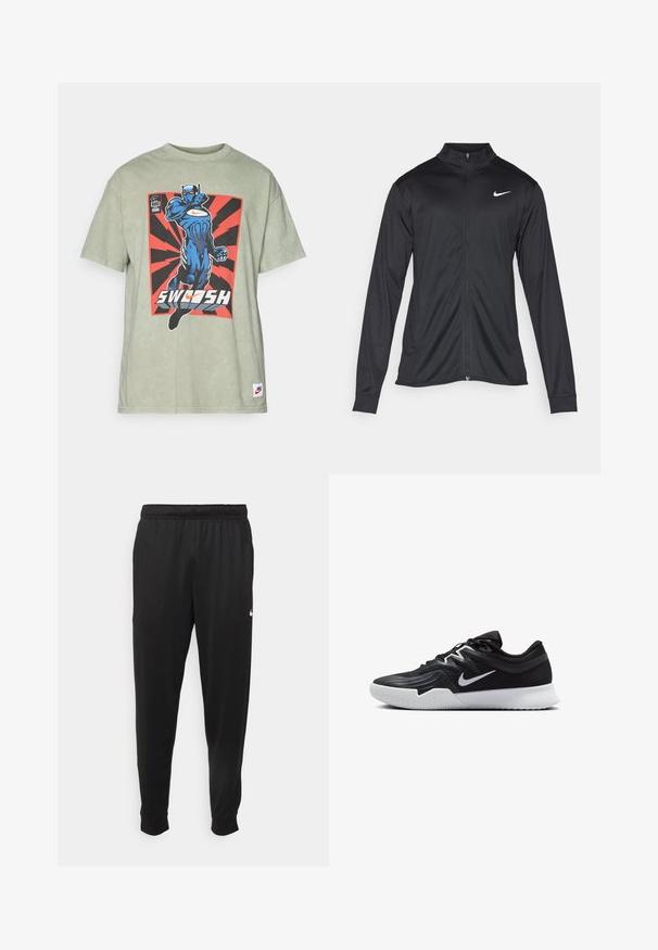 Black athletic jacket with long sleeves, collar, and full zipper. Features a subtle Nike logo in white on the upper left chest. Smooth texture.; Green cotton t-shirt featuring a blue superhero graphic and "SWOOSH" text on a red and black burst background. Ribbed crew neckline.; Black athletic pants made of smooth fabric, featuring an elastic waistband, tapered legs, and a small white logo on the left side.; Black athletic shoe with a textured upper, white Nike swoosh, and a white rubber outsole. Features a lace-up design and dynamic shape.