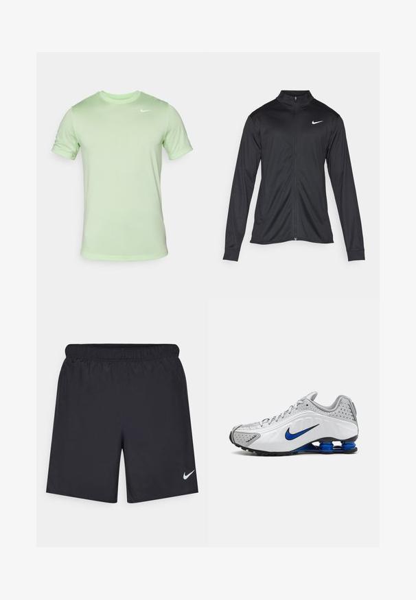 Černá sportovní bunda s dlouhými rukávy, límcem a plným zipem. Má decentní bílou logo značky Nike na horní levé části hrudi. Hladká textura.; Nike Performance TEE RESET - Sportovní tričko - vapor green/white; Černé sportovní šortky vyrobené z lehkého materiálu s elastickým pasem. Na spodní levé straně mají malé bílé logo Nike.; Běžecká obuv Nike s bílým a šedým svrškem, modrými akcenty, perforovanými detaily, polstrovanou podrážkou a charakteristickým systémem pružin Shox.