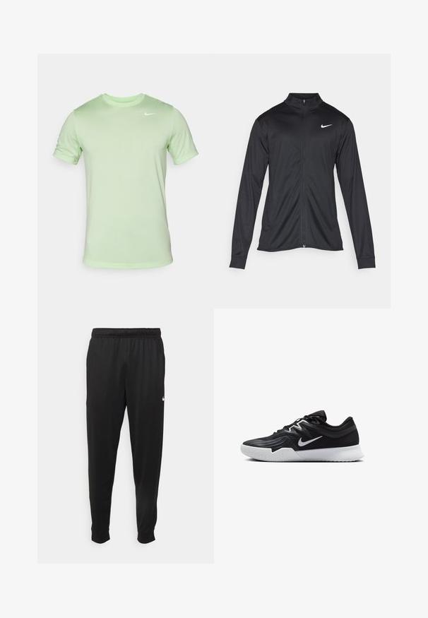 Čierna športová bunda s dlhými rukávmi, golierom a plným zipsom. Obsahuje nenápadné logo Nike v bielej farbe na hornej ľavej hrudi. Hladká textúra.; Nike Performance TEE RESET - Športové tričko - vapor green/white; Čierne športové nohavice z hladkej tkaniny, s elastickým pásom, zužujúcimi sa nohavicami a malým bielym logom na ľavej strane.; Čierna športová topánka s textúrovaným zvrškom, bielym logom Nike a bielou gumovou podrážkou. Má šnurovací dizajn a dynamický tvar.