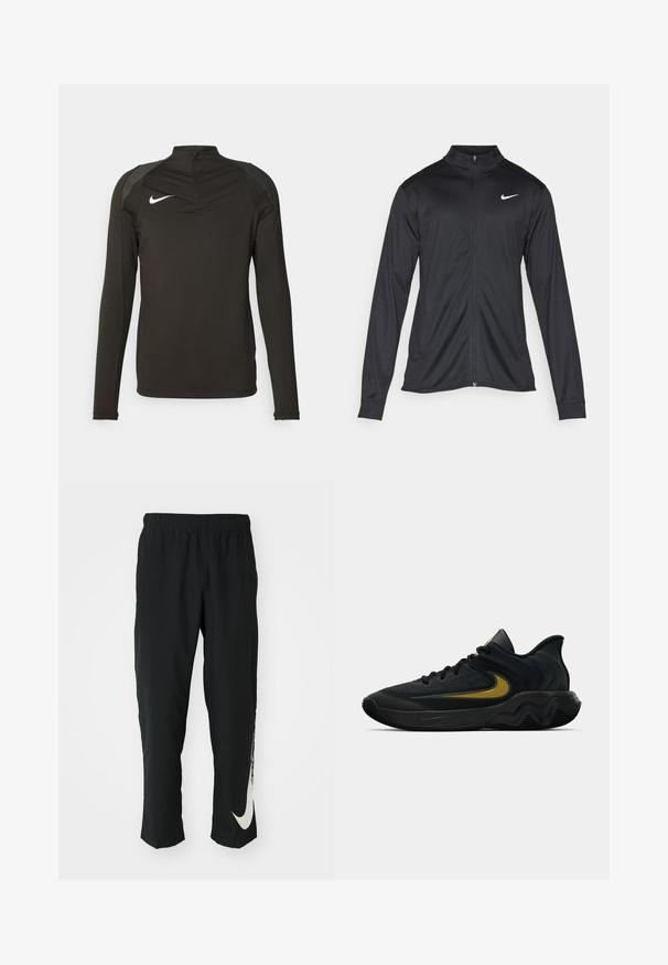 Jacket desportivo preto com mangas longas, colarinho e fecho zip completo. Apresenta um discreto logotipo da Nike em branco na parte superior do lado esquerdo do peito. Textura suave.; Camisa atlética preta de mangas longas com gola alta, pescoço com zíper e detalhes em cinza nos ombros; apresenta um logótipo branco da Nike no peito.; Calças atléticas pretas com cintura elástica, design afunilado, apresentando um grande logótipo branco da Nike na perna esquerda. Tecido macio e leve.; Tênis atlético preto e cinza escuro com cadarços pretos e logotipo swoosh dourado, apresentando um design de sola ondulada e colarinho acolchoado no calcanhar.