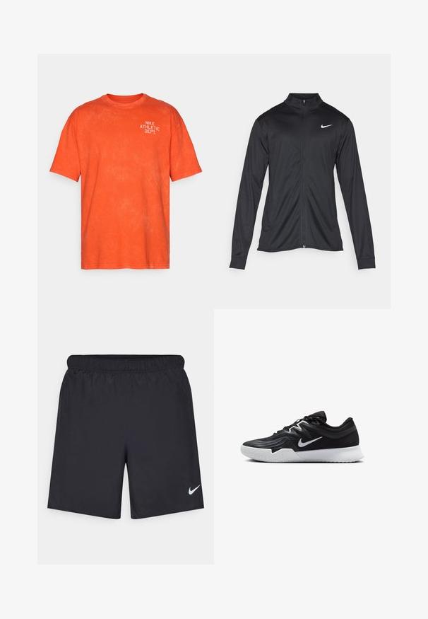 Svart idrottsjacka med långa ärmar, krage och full dragkedja. Har en diskret Nike-logga i vitt på övre vänstra bröstet. Slät yta.; Orange bomull t-shirt med avslappnad passform, med en vit "NIKE ATHLETIC DEPT." tryck på övre vänstra sidan. Mjuk textur.; Svarta träningsshorts gjorda av lätt material med elastisk midja. Har en liten vit Nike-logotyp på nedre vänstra sidan.; Svarta träningsskor med en texturerad ovandel, vit Nike-logga och en vit gummisula. Har snörningsdesign och en dynamisk form.