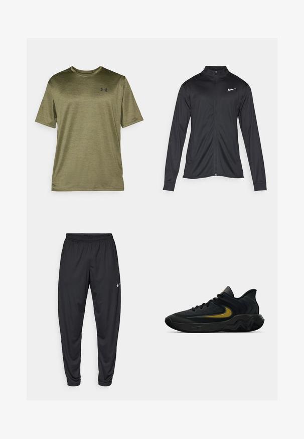 Musta urheilutakki pitkillä hihoilla, kauluksella ja kokonaisella vetoketjulla. Täydentää hienovarainen Nike-logo valkoisena vasemmassa ylärinnassa. Litteä pinta.; Oliivinvihreä lyhythihainen T-paita, jossa on pyöreä kaula-aukko, hienovarainen heather-tekstuuri ja musta logo rinnassa.; Mustat urheiluhousut, joissa on joustava vyötärö, kapenevat lahkeet ja pieni valkoinen Nike-logo vasemmassa reidessä. Tasainen kangas, ei kuvioita.; Musta ja tummanharmaa urheilukenkä mustilla nauhoilla ja kultaisella swoosh-logolla, jossa on aaltoileva pohjakuvio ja pehmustettu kantapään kaulus.