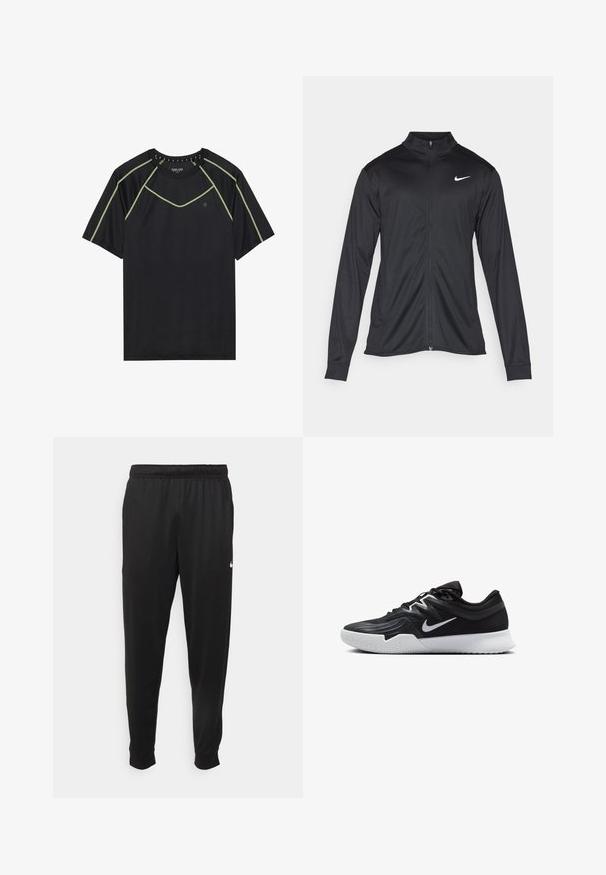 Černá sportovní bunda s dlouhými rukávy, límcem a plným zipem. Má decentní bílou logo značky Nike na horní levé části hrudi. Hladká textura.; Černé sportovní tričko s krátkým rukávem a kulatým výstřihem, zdobené zeleným kontrastním švem; lehký materiál s hladkou strukturou.; Černé sportovní kalhoty vyrobené z hladké tkaniny, s elastickým pasem, zúženými nohavicemi a malým bílým logem na levé straně.; Černá atletická bota s texturovaným svrškem, bílým logem Nike a bílou gumovou podrážkou. Disponuje šněrovacím designem a dynamickým tvarem.