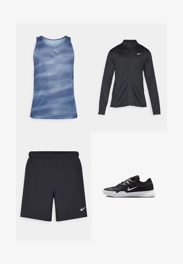 Zwarte sportjack met lange mouwen, kraag en volle rits. Voorzien van een subtiele Nike-logo in het wit op de bovenste linkerborst. Soepele textuur.; Mizuno GRAPHIC TANK - Top - citadel; Zwarte sportshorts gemaakt van lichtgewicht materiaal met een elastische tailleband. Voorzien van een klein wit Nike-logo aan de onderzijde aan de linkerkant.; Zwarte sportieve schoen met een gestructureerde bovenkant, witte Nike swoosh en een witte rubberen zool. Beschikt over een veterontwerp en een dynamische vorm.