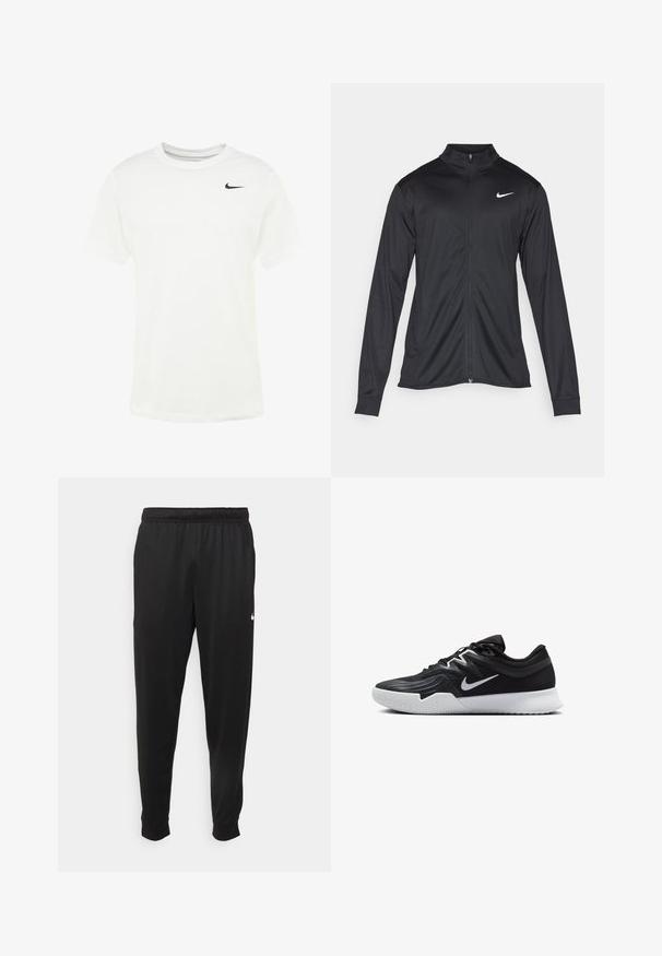 Jachetă sportivă neagră cu mâneci lungi, guler și fermoar complet. Prezintă un logo Nike subtil, alb, pe pieptul din stânga sus. Textură netedă.; Tricou alb din bumbac, cu decolteu rotund, mâneci scurte și un logo Nike swoosh negru pe partea stângă a pieptului. Textură moale, croială standard.; Pantaloni sportivi negri dintr-o țesătură netedă, cu un elastic la brâu, picioare conice și un mic logo alb pe partea stângă.; Pantof sport negru cu un superior texturat, swoosh alb Nike și o tălpică din cauciuc alb. Dispune de un design cu șireturi și o formă dinamică.