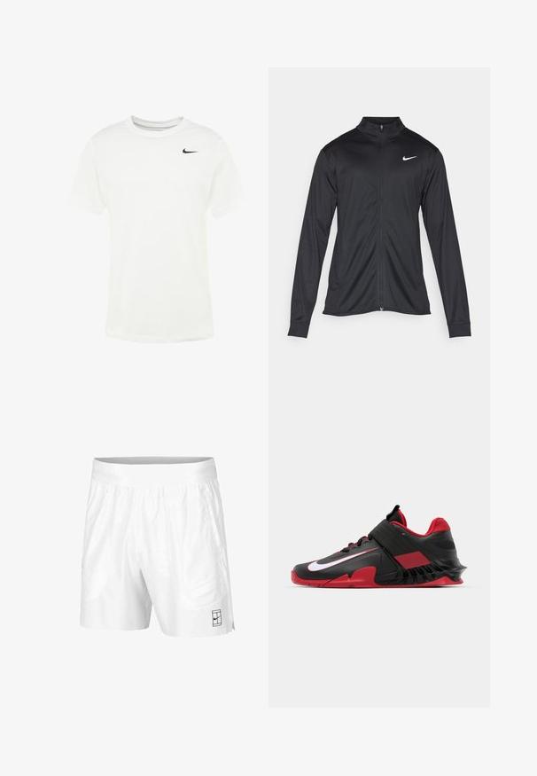 Must värvi sportlik jakk pikkade varrukatega, krae ja täispikk tõmblukk. Ülemises vasakus rinnas on diskreetne valge Nike logo. Sile tekstuur.; Valge puuvillane T-särk ümmarguse kaelusega, lühikeste varrukatega ja musta Nike swoosh logo vasakul rindkeres. Pehme tekstuur, standardne lõige.; Valged spordilühikesed püksid, mis on valmistatud kergest kangast, elastse vöökoha ja kahe küljetaskuga. Hemmi peal on väike must logo.; Mustvalged mustade ja punaste spordijalatsite libe disain, tekstureeritud võrgust pealisosa, tugev kummist tall ja silmapaistev valge logo aktsent.