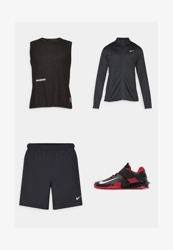 Fekete sportdzseki hosszú ujjal, gallérral és teljes cipzárral. Diszkrét fehér Nike logóval az upper bal mellen. Sima textúra.; Ujjatlan fekete felső texturált anyagból, fehér "Mammut" logóval és egy kis piros kiegészítő címkével az oldalon, kerek nyakkivágással.; Fekete sportnadrág könnyű anyagból, rugalmas derékkal. A bal alsó oldalon egy kis fehér Nike-logó található.; Fekete és piros sportcipők, amelyek karcsú dizájnnal, texturált hálós felső résszel, strapabíró gumitalppal és feltűnő fehér logóval rendelkeznek.