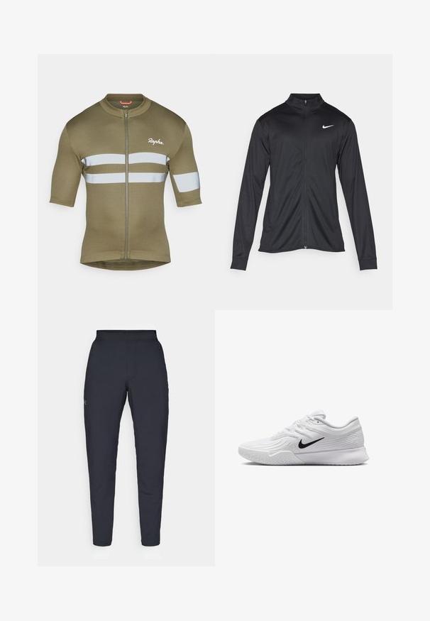 Musta urheilutakki pitkillä hihoilla, kauluksella ja kokonaisella vetoketjulla. Täydentää hienovarainen Nike-logo valkoisena vasemmassa ylärinnassa. Litteä pinta.; Oliivinvihreä pyöräilypaita lyhyillä hihoilla, etuvetoketjulla ja kahdella vaakasuoralla heijastavalla nauhalla. Materiaalina pehmeä ja kevyt kangas.; Mustat urheiluhousut, joissa on sileä pinta, kapea malli, joustava vyötäkuja ja sivutaskut. Vasemmassa reisissä on pieni logo.; Valkoinen urheiluvaate, jossa on teksturoidusta verkkomateriaalista valmistettu yläosa, musta Nike-logomerkintä, pehmustettu nilkkakappale ja kumipohja, jossa on urasyntymä.