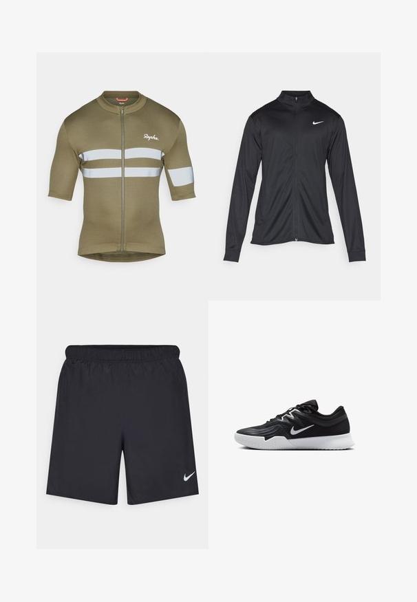 Fekete sportdzseki hosszú ujjal, gallérral és teljes cipzárral. Diszkrét fehér Nike logóval az upper bal mellen. Sima textúra.; Olíva zöld kerékpáros póló rövid ujjakkal, elülső cipzárral és két vízszintes fényvisszaverő csíkkal. Puha, könnyű anyagból készült.; Fekete sportnadrág könnyű anyagból, rugalmas derékkal. A bal alsó oldalon egy kis fehér Nike-logó található.; Fekete sportcipő texturált felsőrésszel, fehér Nike logóval és fehér gumitalppal. Fűzős kialakítással és dinamikus formával rendelkezik.