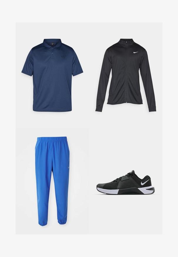 Juodas sportinis švarkas su ilgomis rankovėmis, apykakle ir pilnu užtrauktuku. Yra subtilus baltas Nike logotipas kairėje krūtinės pusėje. Lygus tekstūra.; Tamsiai mėlyna polo marškinėliai, pagaminti iš lygios, kvėpuojančios medžiagos. Sukurti su klasikiniu apykakle, trimis mygtukais ir mažu logotipu kairėje krūtinės pusėje.; Mėlynos sportinės kelnės su elastine juosta, tiesios kojos dizainu ir siaurėjantys rankogaliai. Kairėje pusėje yra auksinis Nike logotipas.; Nike Performance METCON 10 - Avalynė treniruotėms - black/white/anthracite