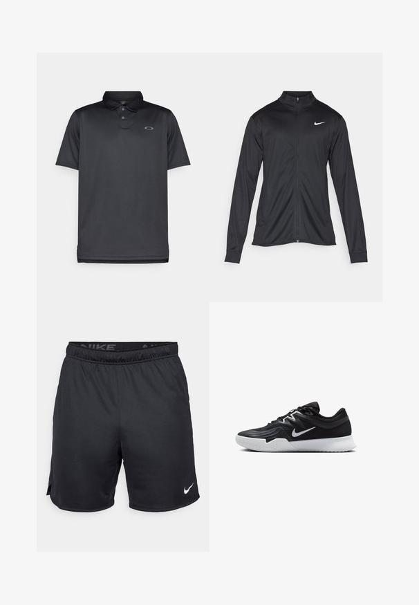 Zwarte sportjack met lange mouwen, kraag en volle rits. Voorzien van een subtiele Nike-logo in het wit op de bovenste linkerborst. Soepele textuur.; Zwarte poloshirt van gladde stof, met een kraag, drie knopen, korte mouwen en een klein grijs logo op de linkerkant van de borst.; Zwarte Nike shorts met elastische tailleband, zijsplitten en een wit Nike-logo op de onderste zoom. Gemaakt van lichtgewicht, gestructureerde stof.; Zwarte sportieve schoen met een gestructureerde bovenkant, witte Nike swoosh en een witte rubberen zool. Beschikt over een veterontwerp en een dynamische vorm.