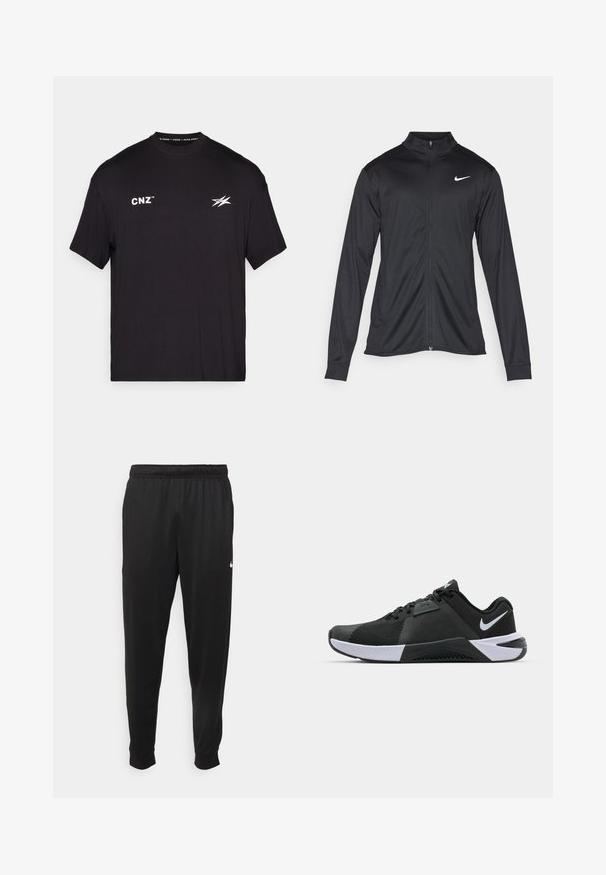 Sort atletisk jakke med lange ærmer, krave og fuld lynlås. Har et diskret Nike-logo i hvidt på den øverste venstre side af brystet. Glat tekstur.; Sort t-shirt med korte ærmer lavet af bomuld. Har hvid tekst "CNZ" og et stiliseret logo på forsiden. Enkel rund hals design.; Sorte atletiske bukser lavet af glat stof, med elastisk talje, smalnende ben og et lille hvidt logo på venstre side.; Nike Performance METCON 10 - Træningssko - black/white/anthracite