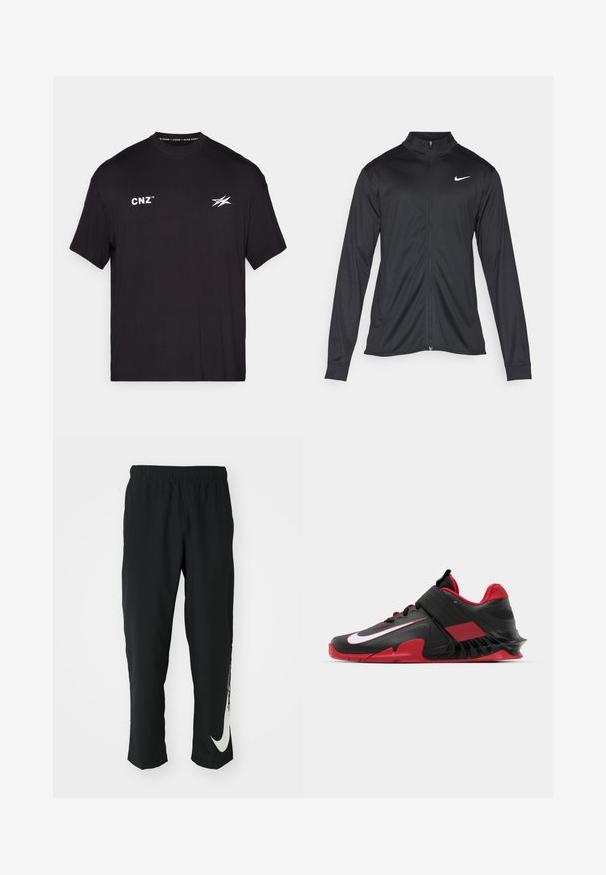 Črna atletska jakna z dolgimi rokavi, ovratnikom in polnim zadrgo. Vključuje diskreten bel Nike logotip na zgornjem levem delu prsnega koša. Gladka tekstura.; Črna kratka majica z rokavi, izdelana iz bombaža. Na sprednji strani ima belega napisa "CNZ" in stilizirano logo. Preprost dizajn s krojnim ovratnikom.; Črne športne hlače z elastičnim pasom, zoženim dizajnom, s velikim belim logotipom Nike na levem hlačnici. Mehka, lahka tkanina.; Črne in rdeče atletske teniske z elegantnim dizajnom, teksturiranim mrežastim zgornjim delom, trdnim gumijastim podplatom in izpostavljenim belim logotipom.
