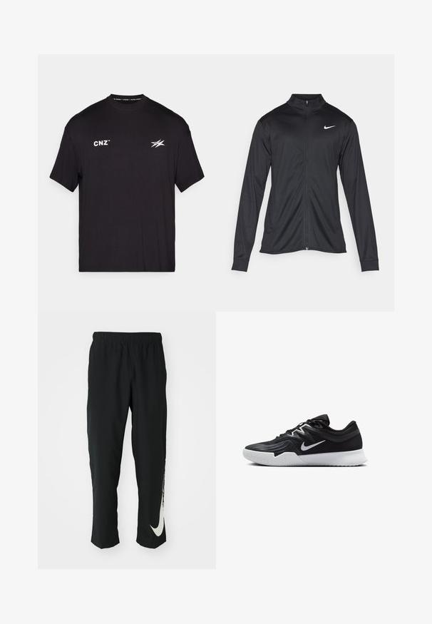 Zwarte sportjack met lange mouwen, kraag en volle rits. Voorzien van een subtiele Nike-logo in het wit op de bovenste linkerborst. Soepele textuur.; Zwart T-shirt met korte mouwen, gemaakt van katoen. Bevat witte tekst "CNZ" en een gestileerd logo aan de voorkant. Eenvoudig ontwerp met ronde hals.; Zwarte sportbroeken met elastische tailleband, taps toelopend ontwerp, met een groot wit Nike-logo op het linkerbeen. Zachte, lichte stof.; Zwarte sportieve schoen met een gestructureerde bovenkant, witte Nike swoosh en een witte rubberen zool. Beschikt over een veterontwerp en een dynamische vorm.