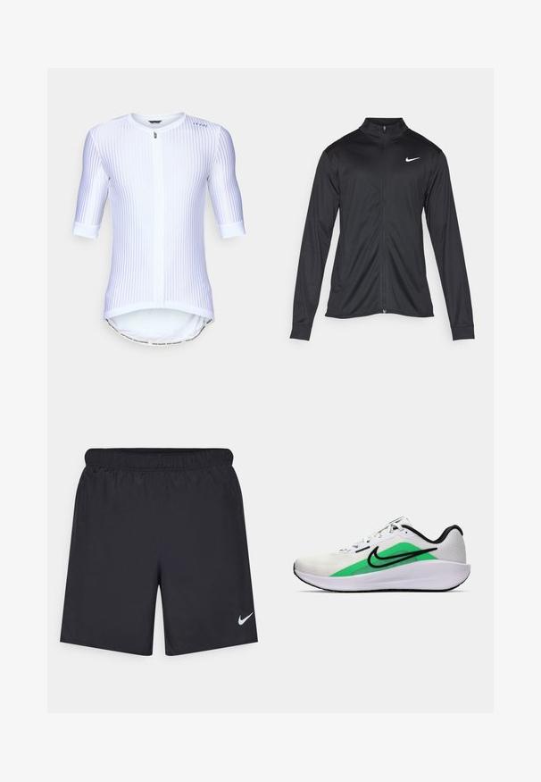 Jacket desportivo preto com mangas longas, colarinho e fecho zip completo. Apresenta um discreto logotipo da Nike em branco na parte superior do lado esquerdo do peito. Textura suave.; Camisola de ciclismo branca com riscas verticais, mangas curtas, fecho na parte da frente, bainha arredondada e uma faixa de texto em contraste na parte inferior.; Calças de desporto pretas feitas de material leve com uma cintura elástica. Apresenta um pequeno logótipo branco da Nike no canto inferior esquerdo.; Shoe desportivo branco com um destaque verde, logótipo preto, parte superior em malha, sola almofadada e um salto arredondado. Apresenta atacadores e detalhes em contraste.